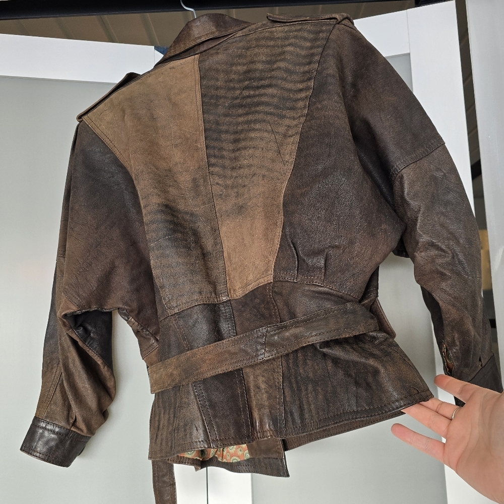 Winlit Vintage Leather Jacket Brown Cropped 80s Style Genuine Made in Korea M - Picture 3 of 17